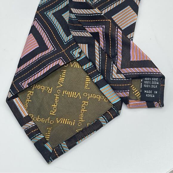 Roberto Villini Black Teal Orange Geometric Pure Silk Career Office Necktie NWOT - Picture 3 of 6